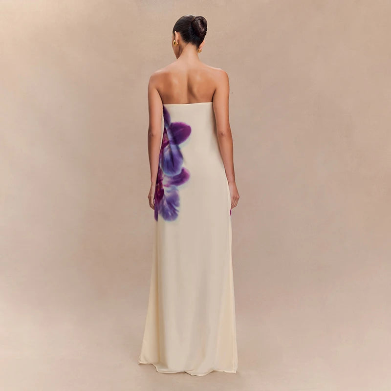 'S Floral Print Long Dress Strapless Sleeveless Backless Slim Dress Long Dress