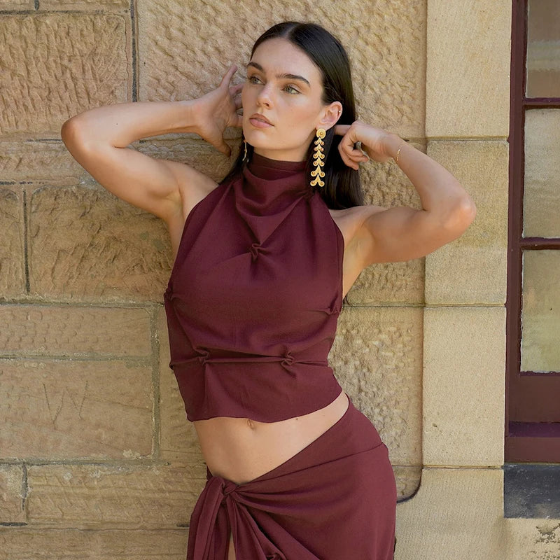 Hanging Neck Tie Bow Hollow Out Backless Shrinking Pleat Expo Navel Top T-Shirt