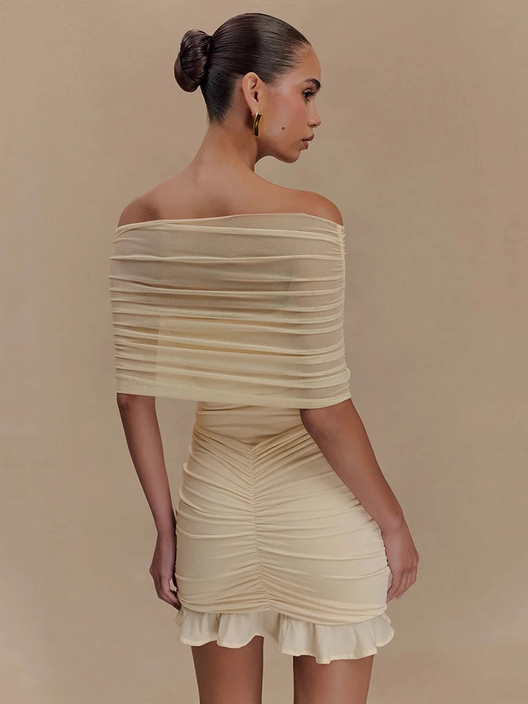 Mesh Strapless Off-shoulder Ruffled Mini Dress Backless High Waist Ruched Dress