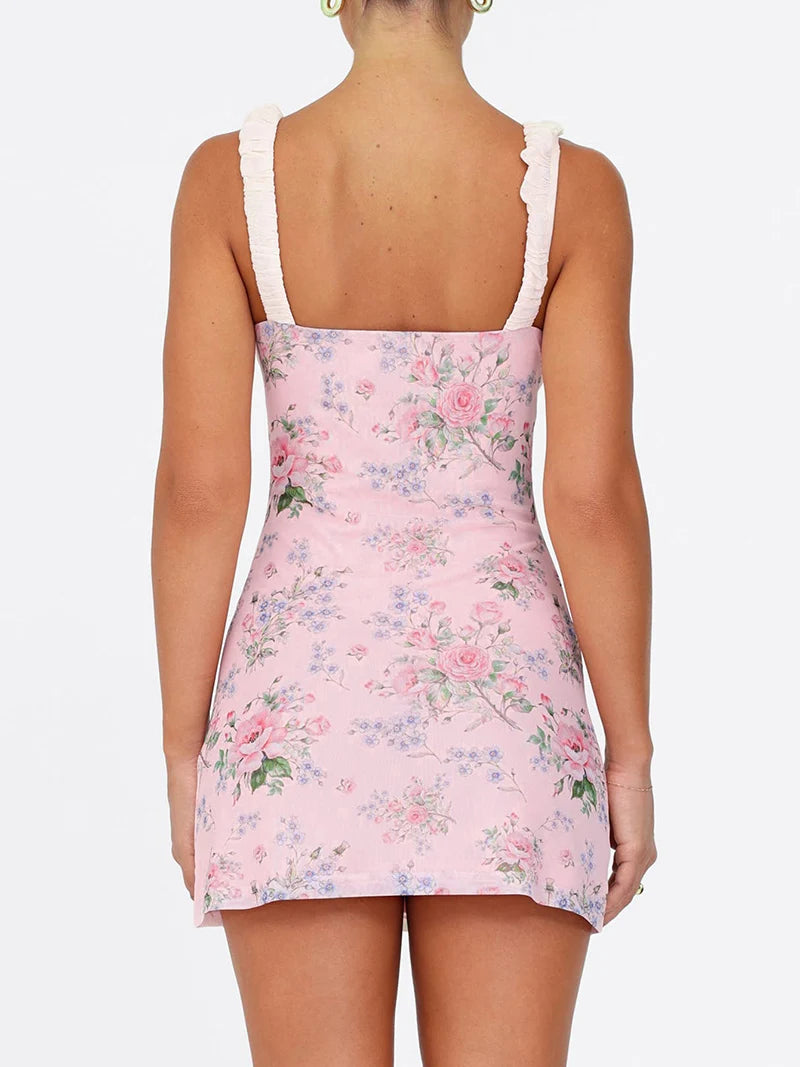 Floral V-Neck Backless Short Bodycon Dress