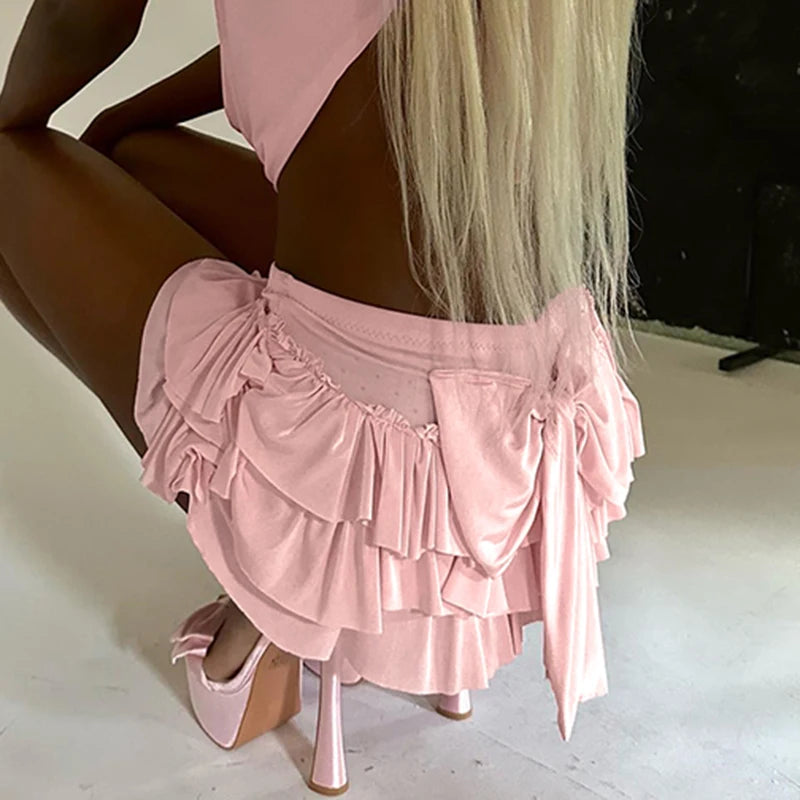 Low Waisted Skirts Bow Pink Mini Skirts Japanese 's Bottoms