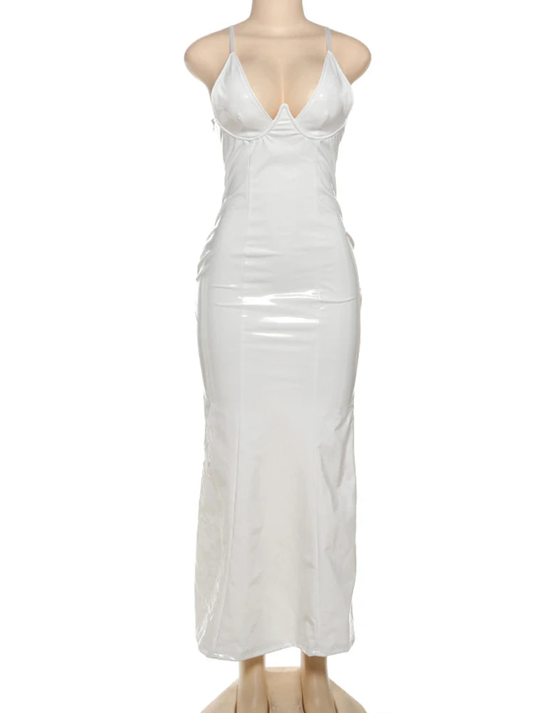 Leather Dress Dressp V- Solid Slim Spaghetti Strap