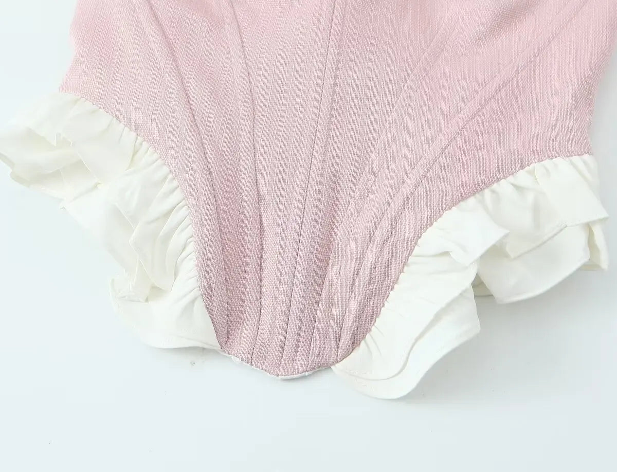 Sweet Patchwork Fish Bone Slim Fit Strapless Top Crop Top