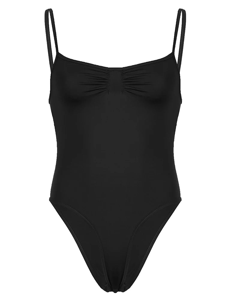 Sleeveless Shirring Spaghetti Strap Bodysuit Black Solid Basic Camisole