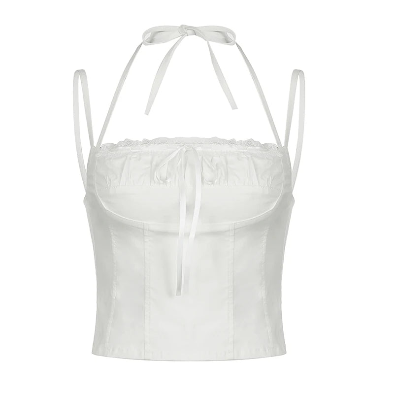 Slim Lace-up Cropped Shirts Sleeveless White Camisoles