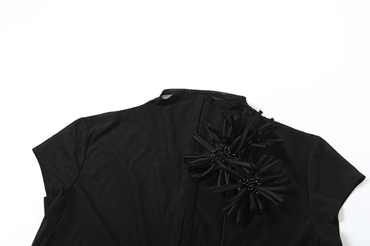 Tassel Applique Crop Top Single-Breasted Half-High Neck Tassel Midnight tie Versatile T-Shirt