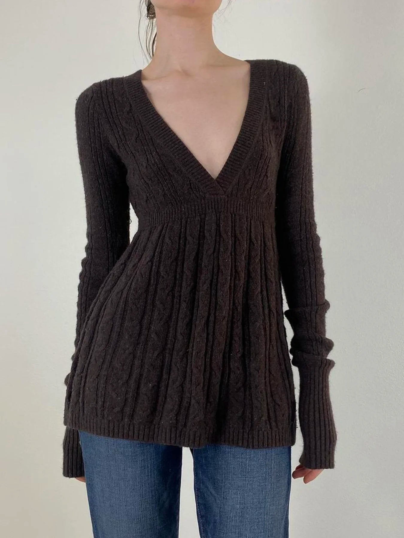 Knitted Sweaters Long Sleeves Slim s Loose Hem Brown Pull Top