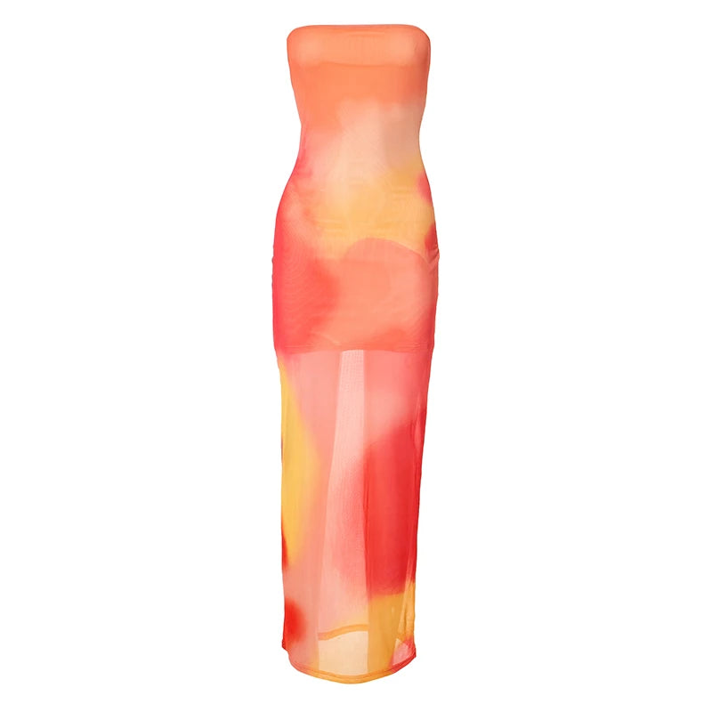 'S Color Collision Patchwork Strapless Waisted Package Hip See-Through Print Dress
