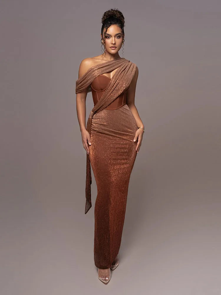 One Shoulder Draped Glitter Long Dress Brown Corset Sparkly Backless Bodycon Maxi Dresses Evening Gowns