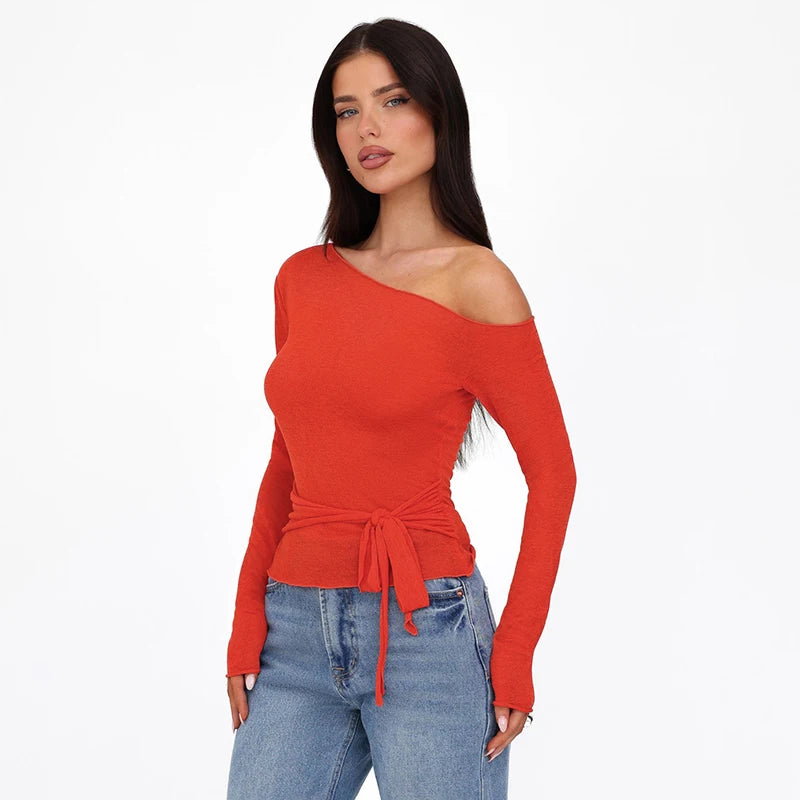 Off Shoulder Long Sleeve T Shirt Bandage Crop Top