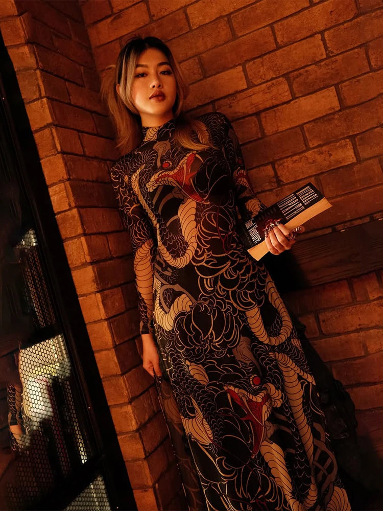 See Through Blouse Snake Print Half-High Neck Long Sleeves High Slits High Elasticity Long Top