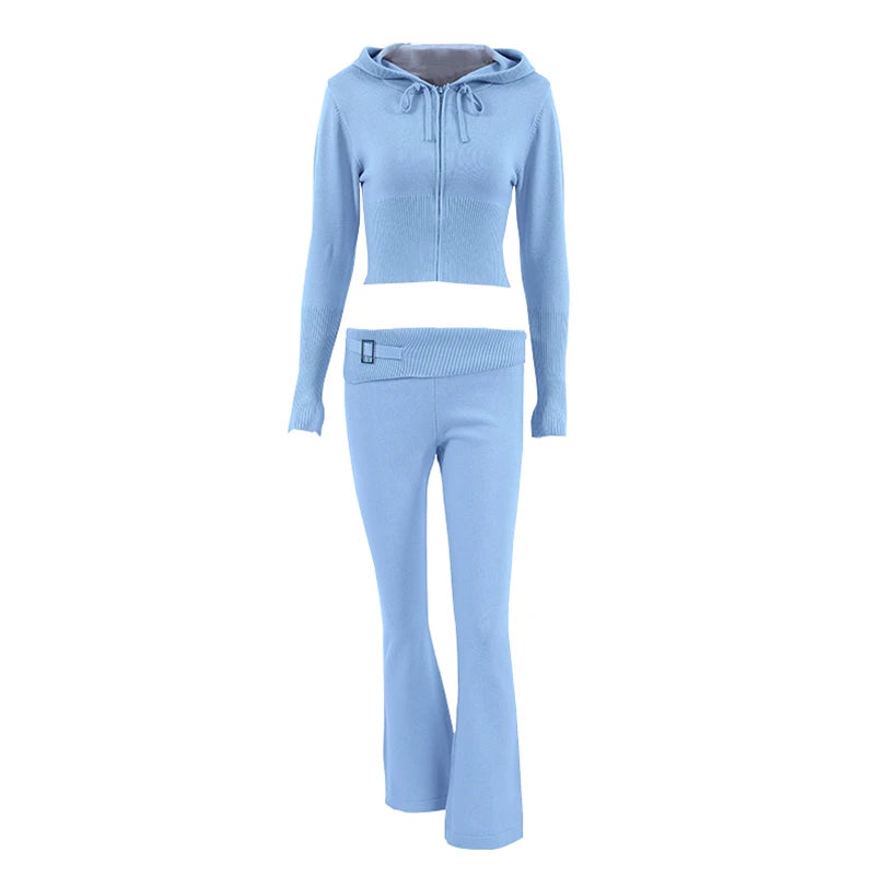 Knit 2 Piece-Set Trousers Hoodie Tracksuit Crop top Knit And Pants Sets Trousers