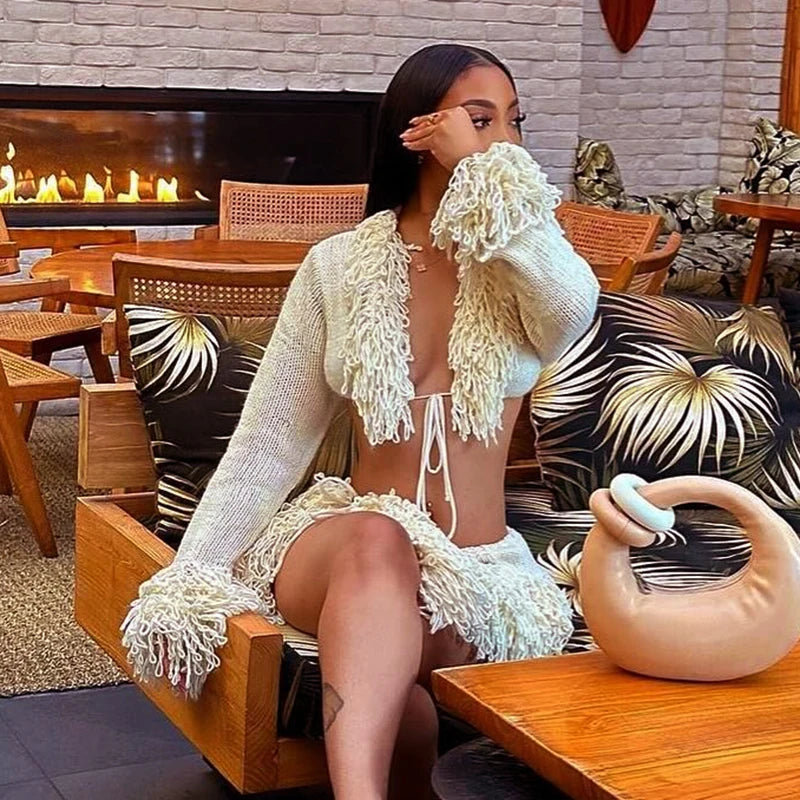 French Knit Set Tie Cardigan Long Sleeve Navel Top Mini Skirt Set Girl