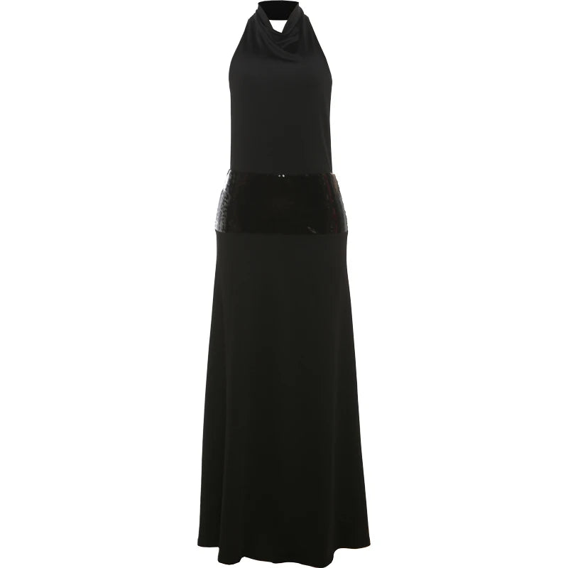 Waist Sequins Dress Backless Halter Sleeveless Pile Collar