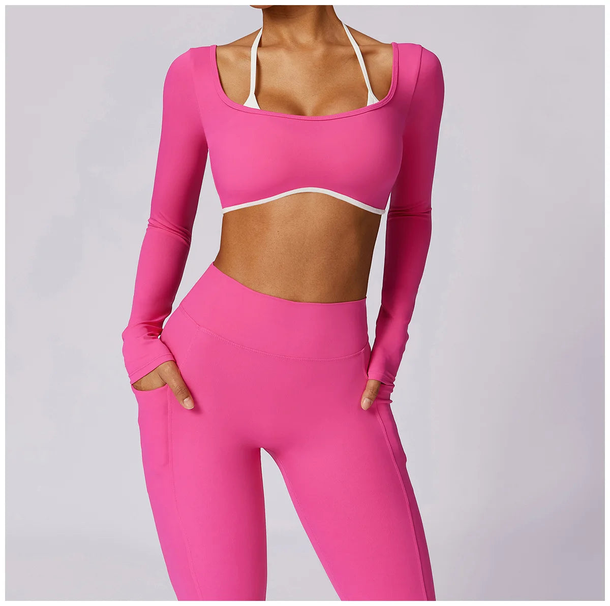 2 Pieces Tracksuit Yoga Set Workout Sports Gym Fitness Long Sleeve Crop Top High Waist Leggings Sports Suits