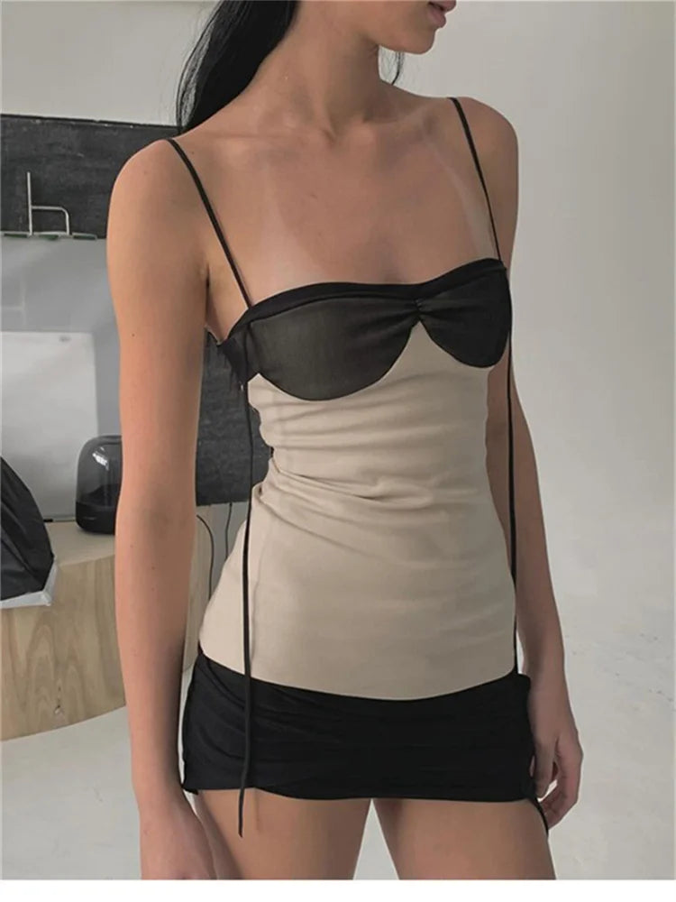 Patchwork Panelled Mini Dress Concise Tassel Wrapped Chest Irregular Backless Super-Short