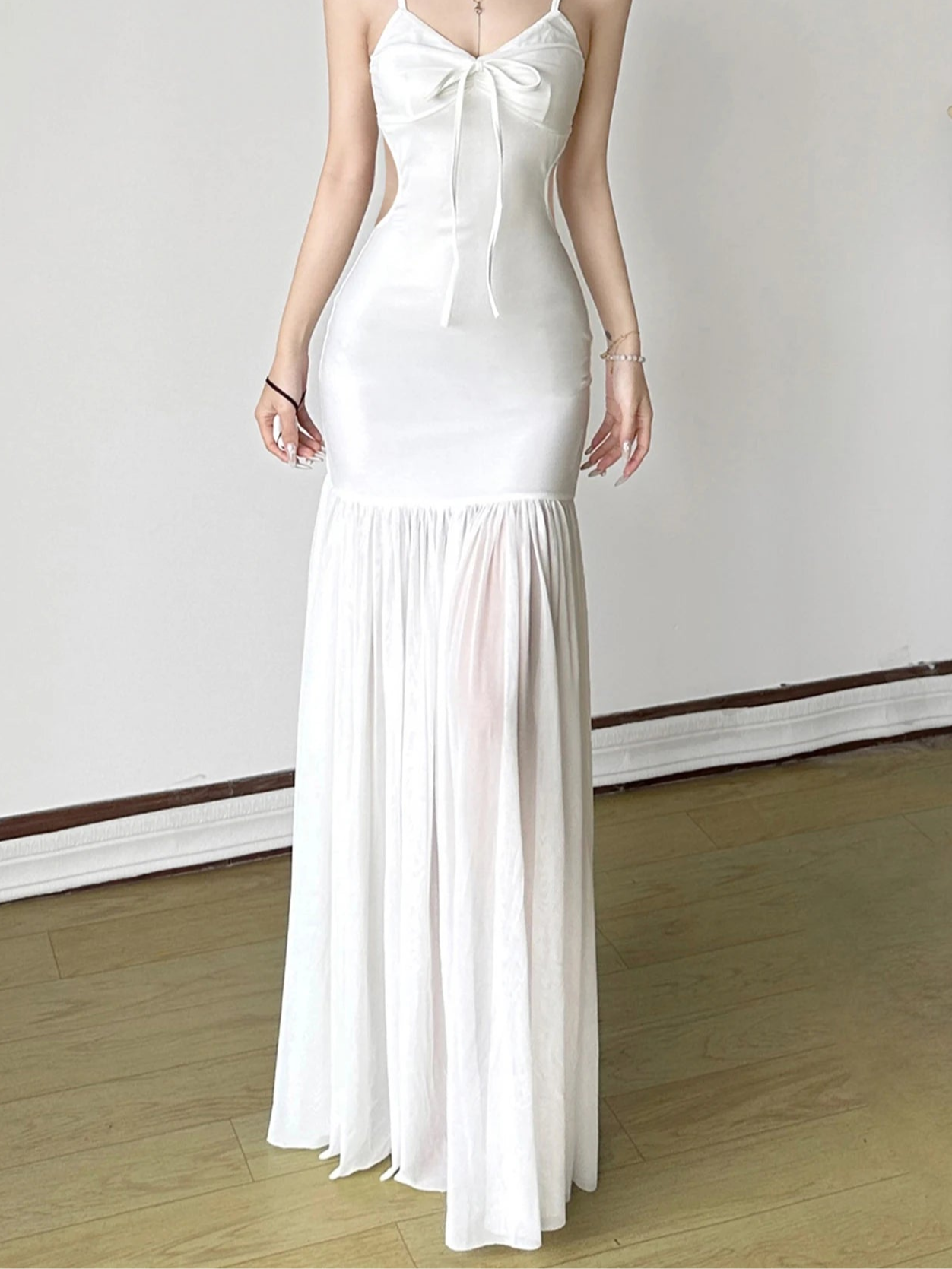 Hollow Out Patchwork Mesh Dress Slim V-Neck Sleeveless Maxi