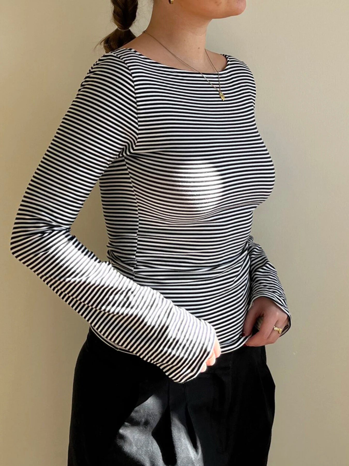 Strip Crewneck Top Backless Long Sleeve Slim Shirt Tee