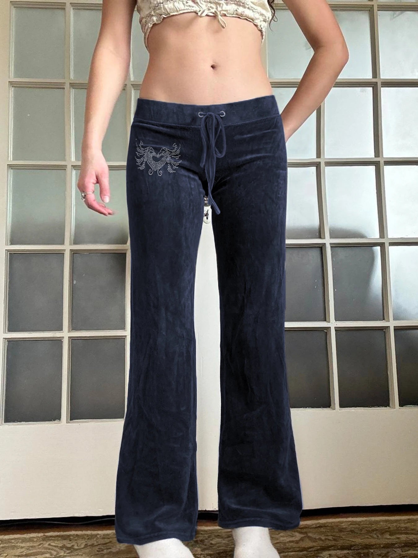 Retro Rhinestone Flare Pants Lace-up Bottoms 's Pants