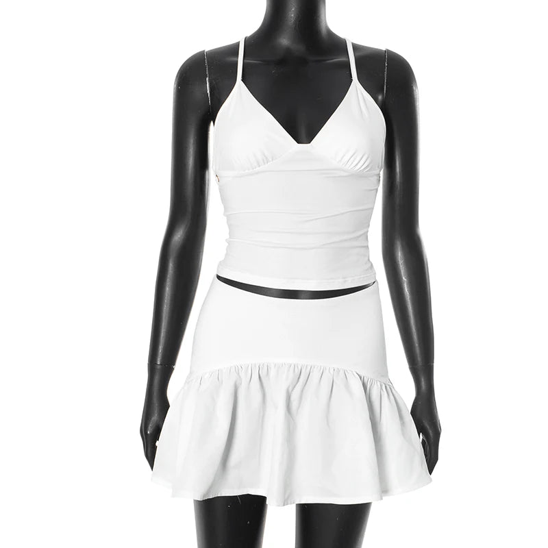 Tie Rope Pleat Hollow Out Big Backless Halter Top Low Wait Package Hip Ruffle Skirt Set