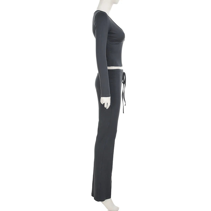 V-neck Top Full Length Pants Drawstring Suits Simple Slim Long Sleeves Low Waist