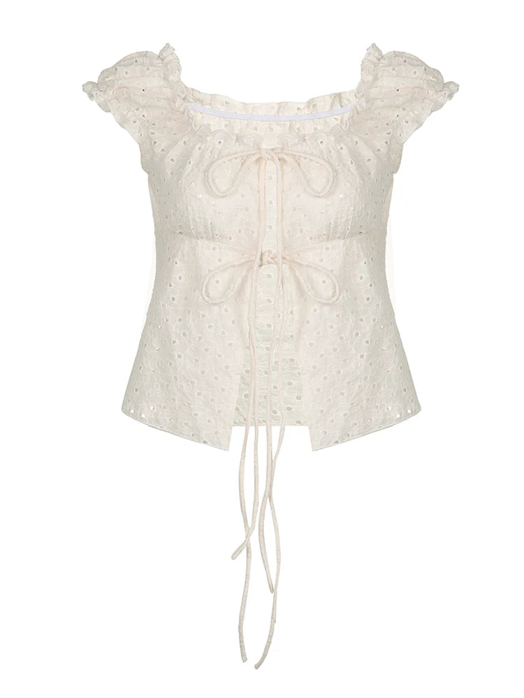 Hollow Out Slim Tee Shirts Lace Up Square Collar Top