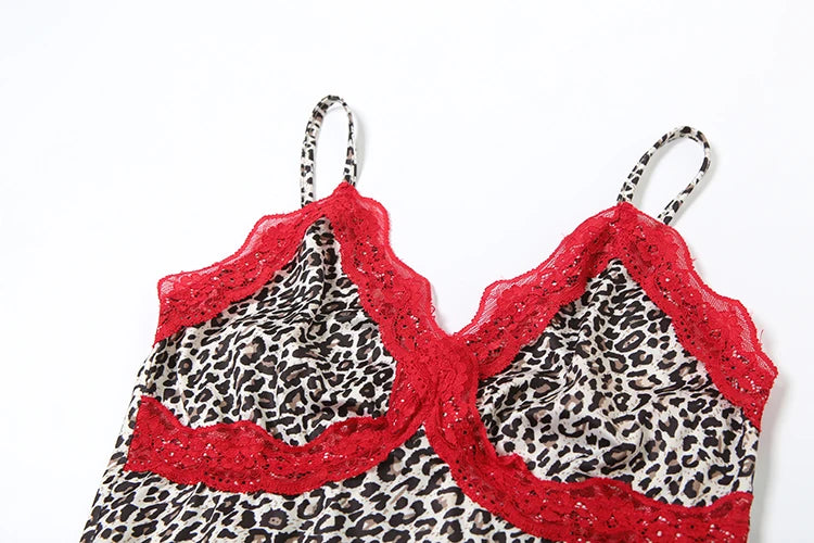 Leopard Print Dress Backless Red Lace Patchwork Sleeveless Stretch Bodycon
