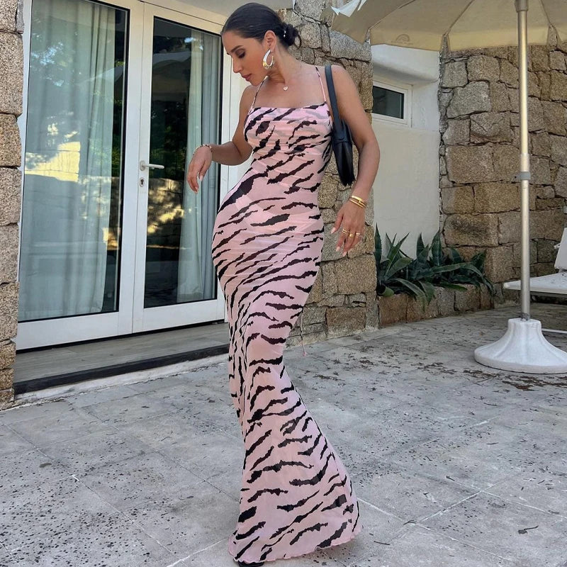 Mesh Zebra Backless Lace Up See Through Maxi Dress