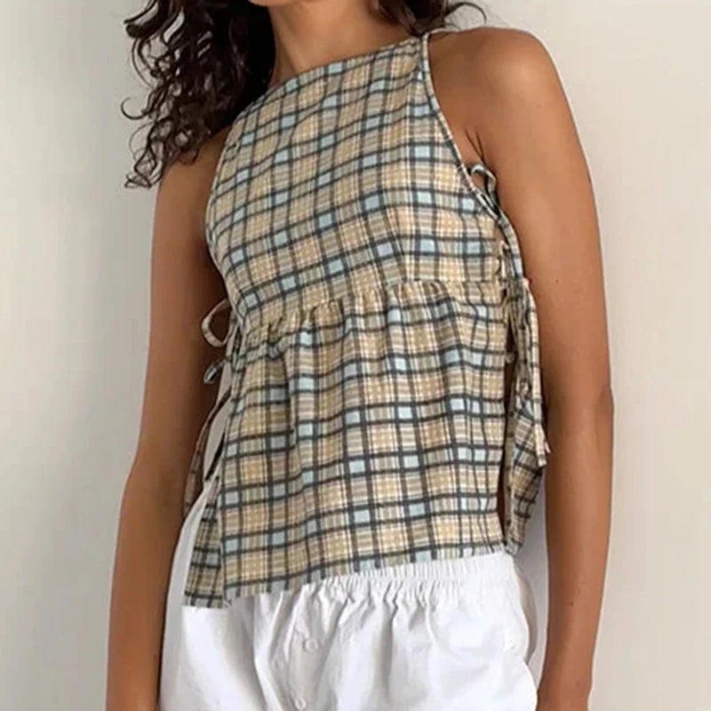 Plaid Cut Out Loose Top