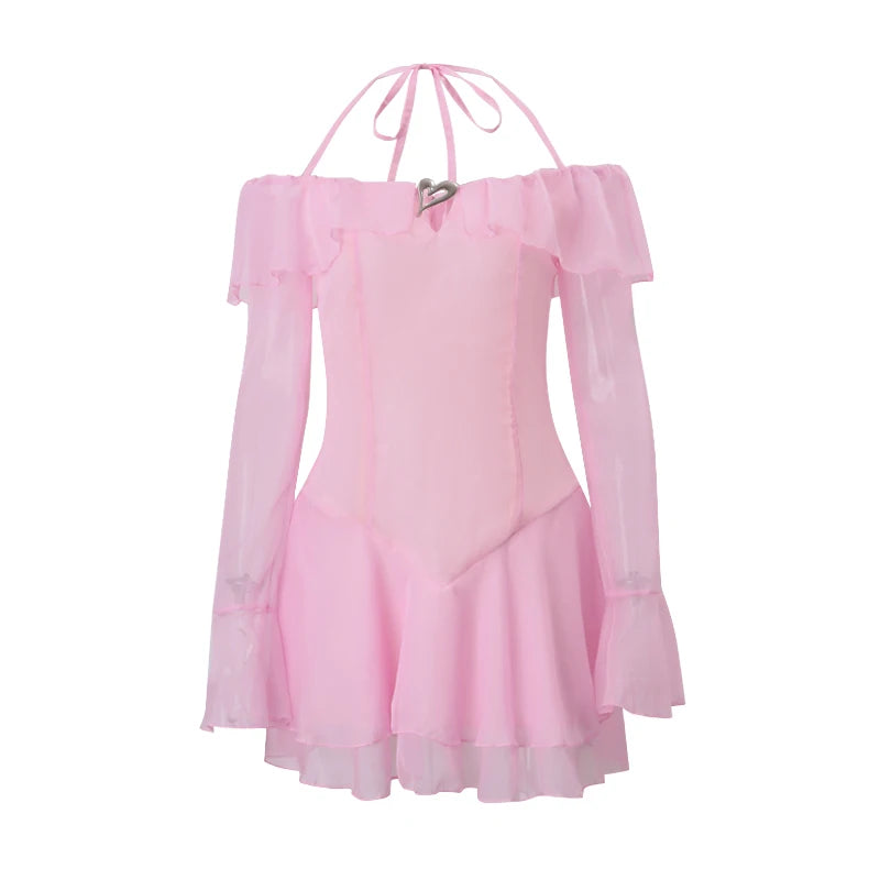 Halter Flare Long Sleeve Off Shoulder Mini Dress Zipper A Line Dress