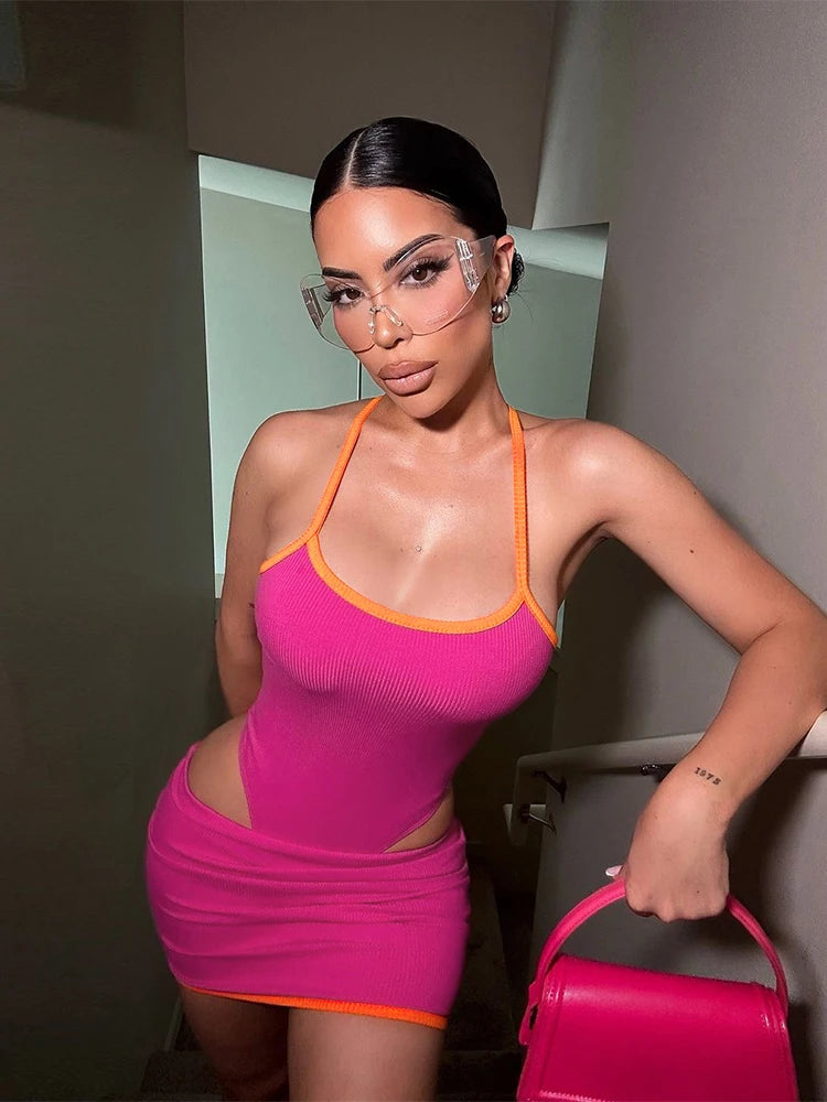 Ribbed Two Piece Set Stretch Backless Camisole Peach Hip Skirt Matching
