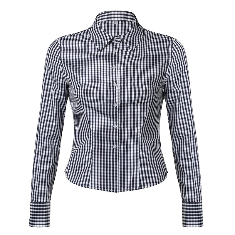 Plaid Button Up Bloue Turn-down Neck Shirt Top
