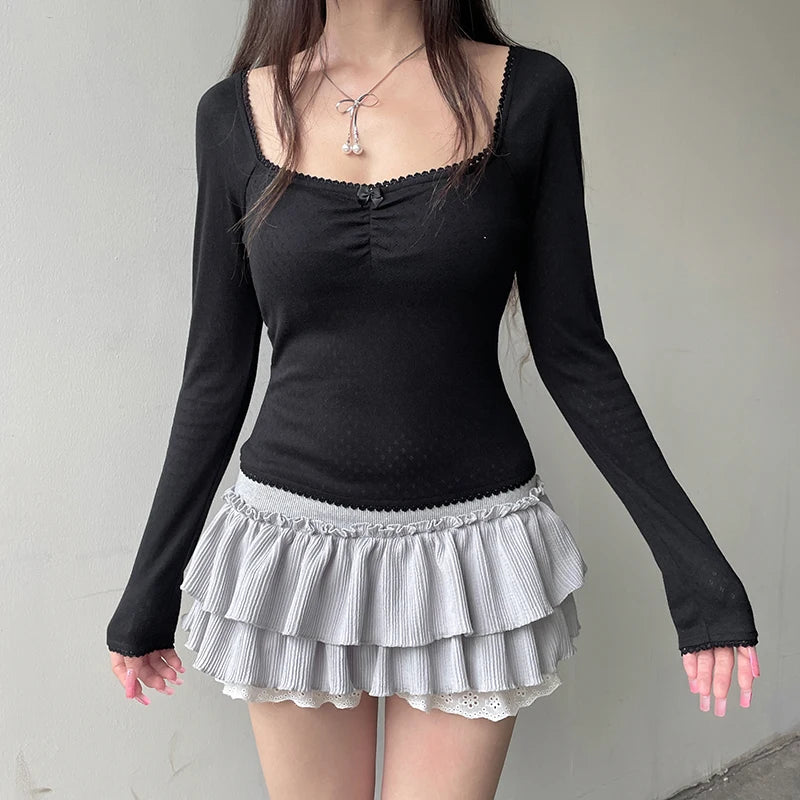 Square Collar Slim Folds Tee Shirts Long Sleeves s Lace Knitted Bow 's Top