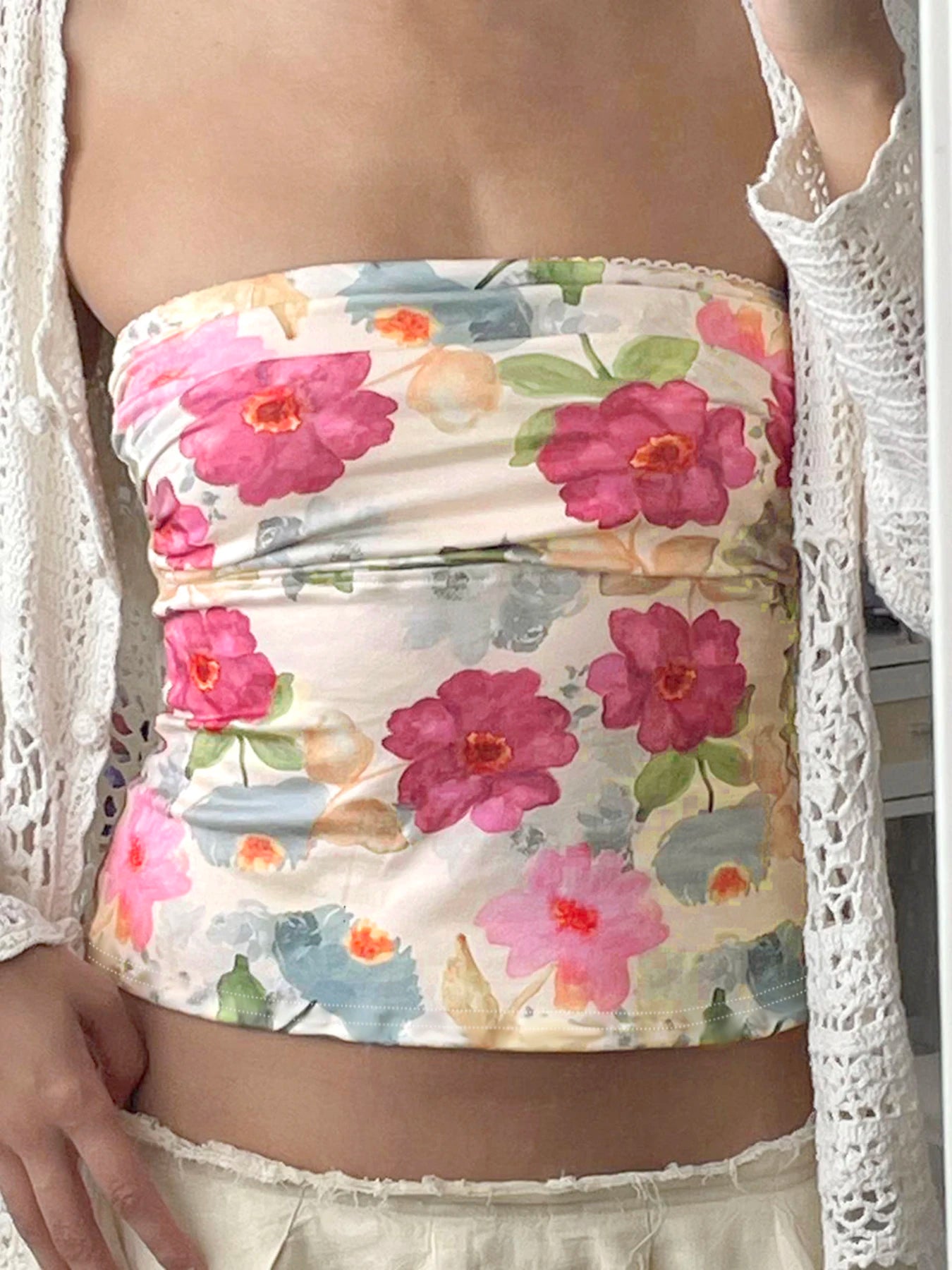 Floral Print Tube Top Backless 's Bustiers Slim Crop Camisole