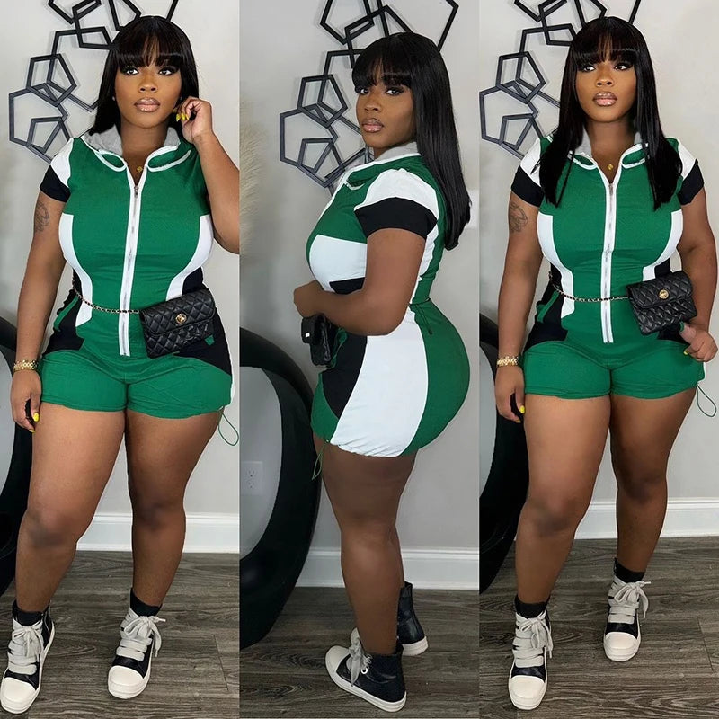 Short-Sleev Zipper Hood Sport Wind Package Hip Short Playuit