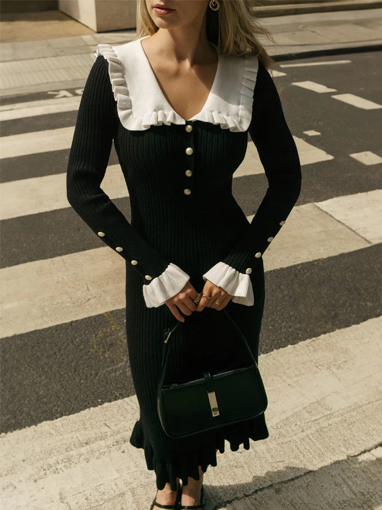 Ruffled Knit Dress Ribbed Contrast Long Sleeve High Waist Lapel Gown Dress Knit Ladies Maxi Dress