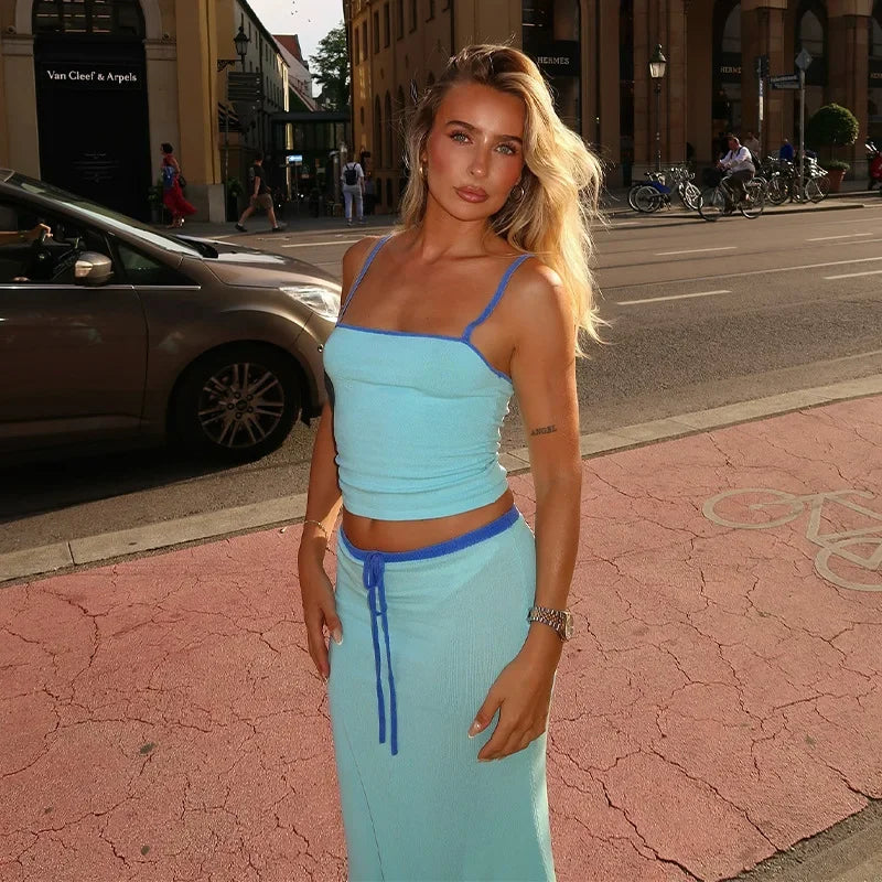 Blue Sleeveless High-Waisted Set