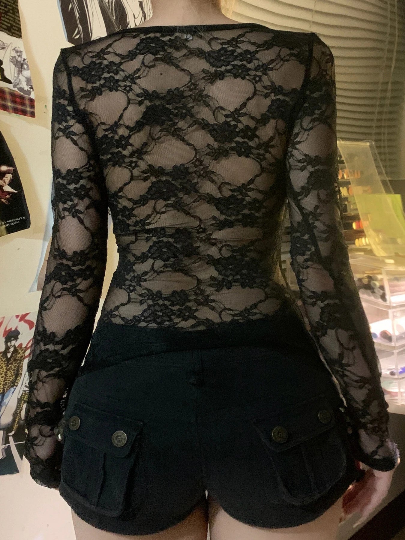 Crewneck Tee Shirts Lace Patchwork Slim Black Top