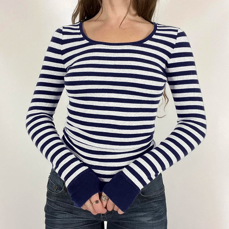 Striped Crewneck Top Tee Long Sleeves Slim