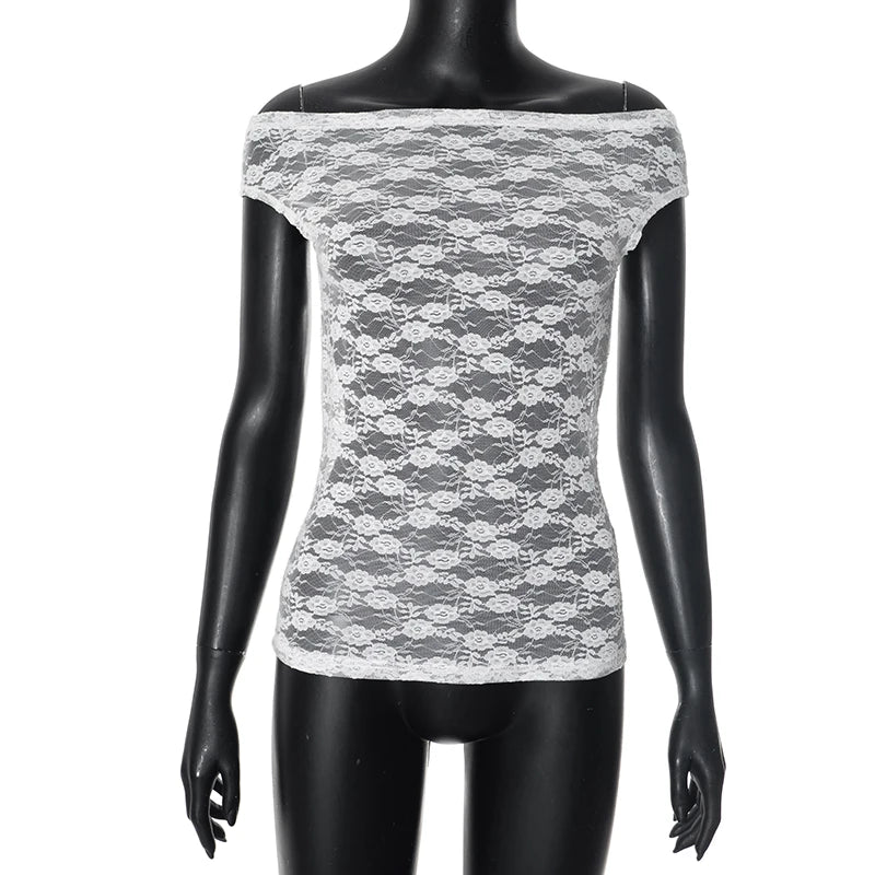 Lace See-Through One-Shoulder Short-Sleev Top Top