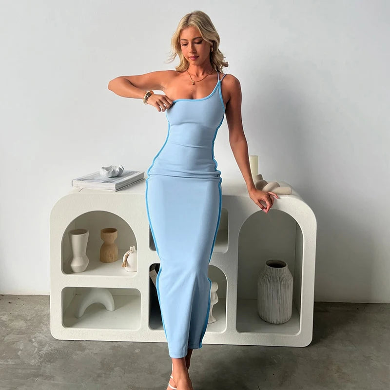 And Color Collision Slant Collar One-Shoulder Strapless Straps Hip Dress