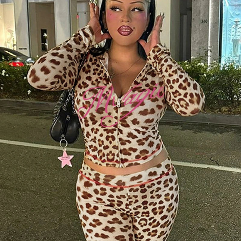 Leopard Print Crop Slim Zip Up Hooded Jackets Long Sleeves Letter 's