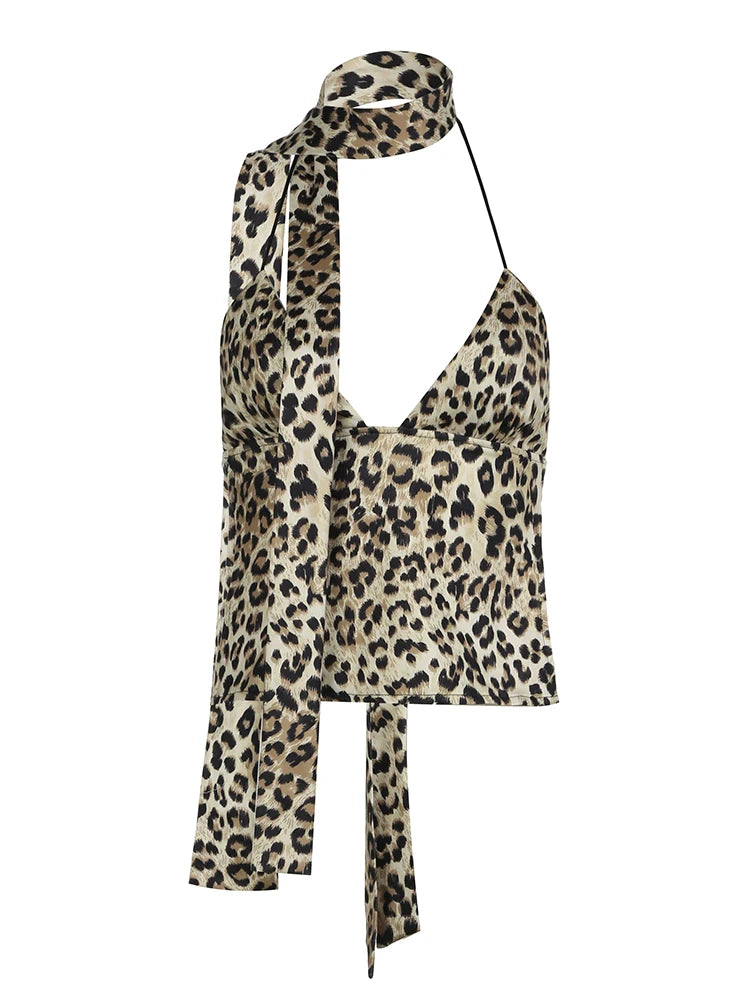 Backless Leopard Camisoles Lace-up Halter Neck