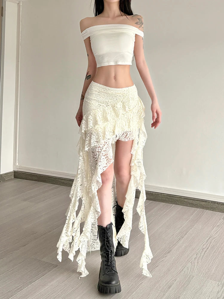 Irregular Ruffles Lace Patchwork Skirt