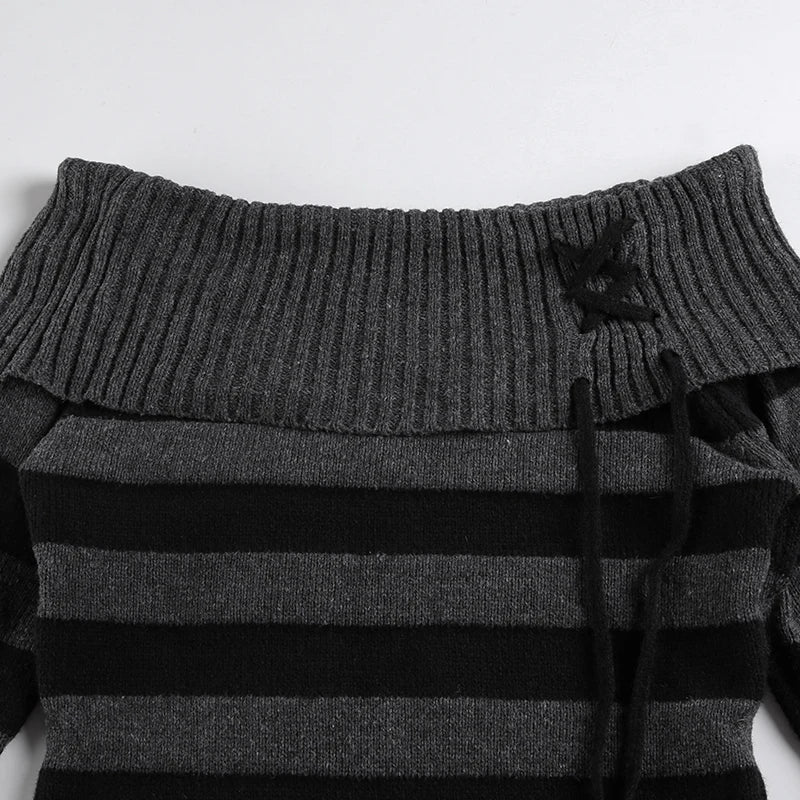 Slash Neck Striped Knitted Sweaters Patchwork Pullovers HArajuku Grunge 's Top