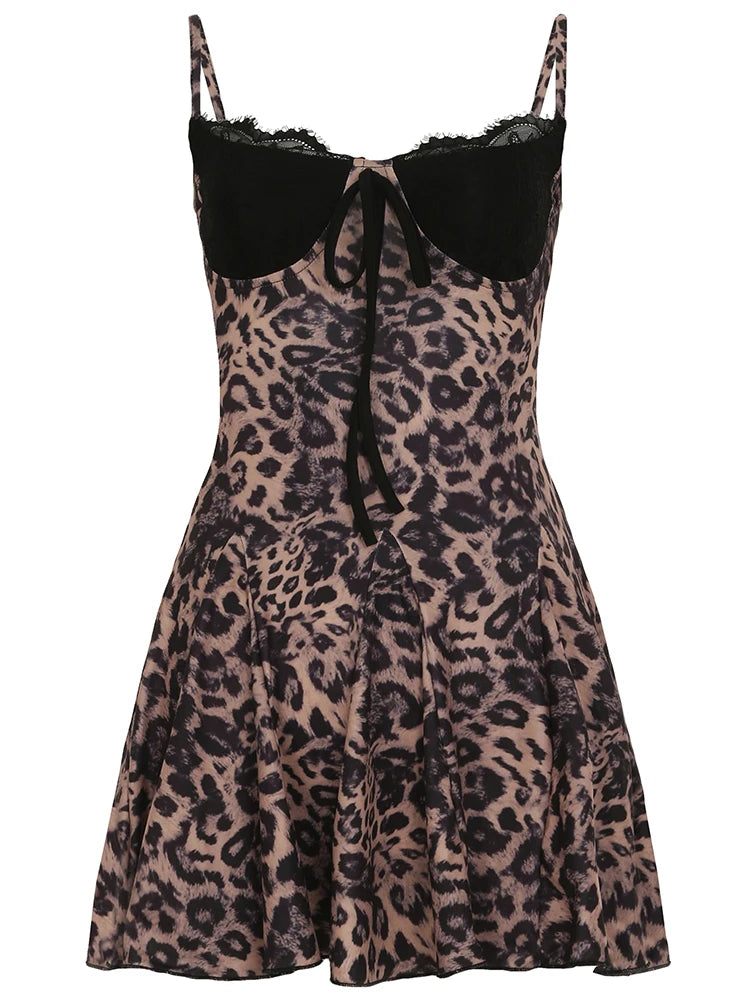 Leopard Print Patchwork Lace Dress Sleeveless Lace Up