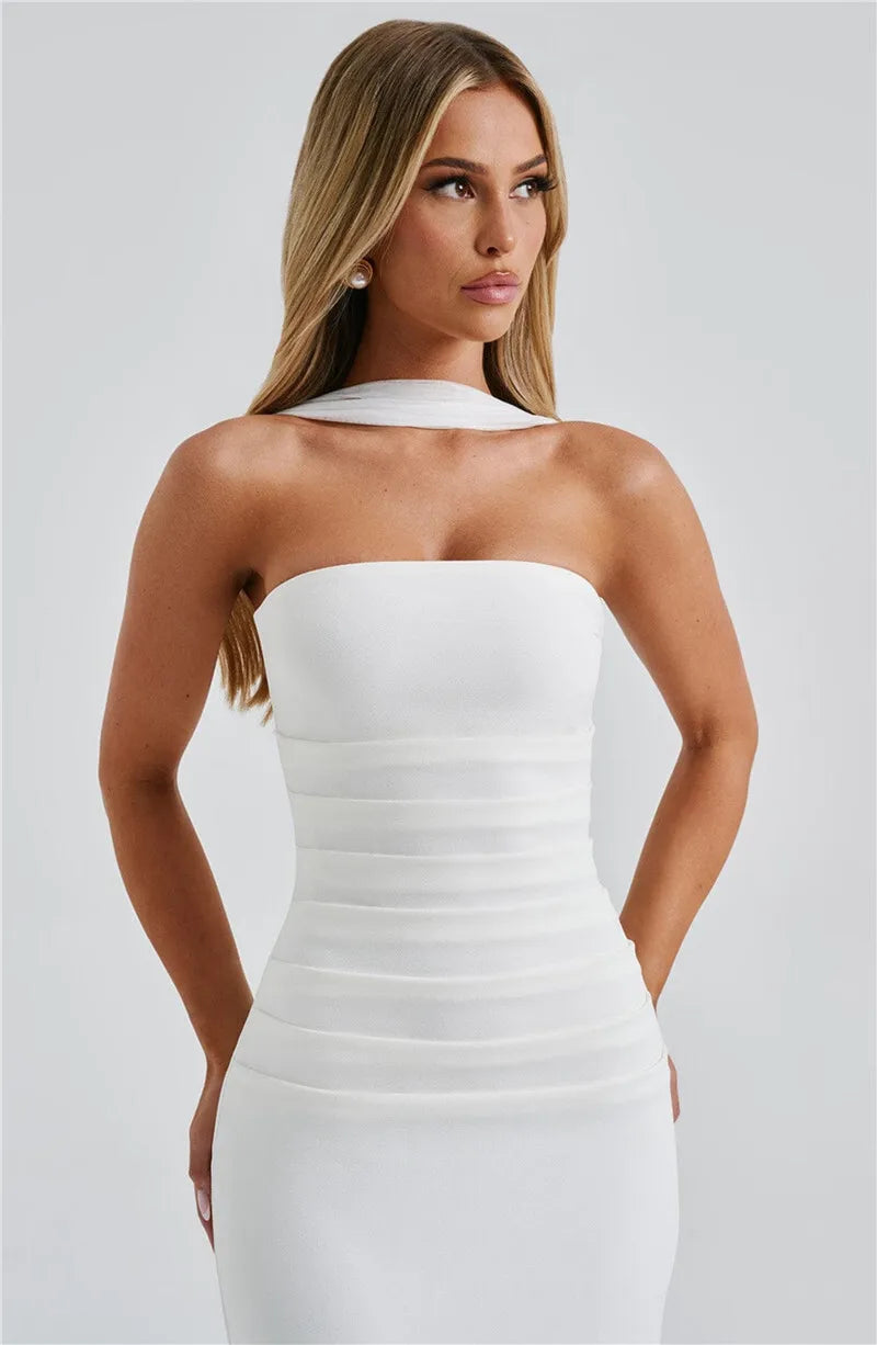 Scarf Collar Backless Bodycon Maxi Dress