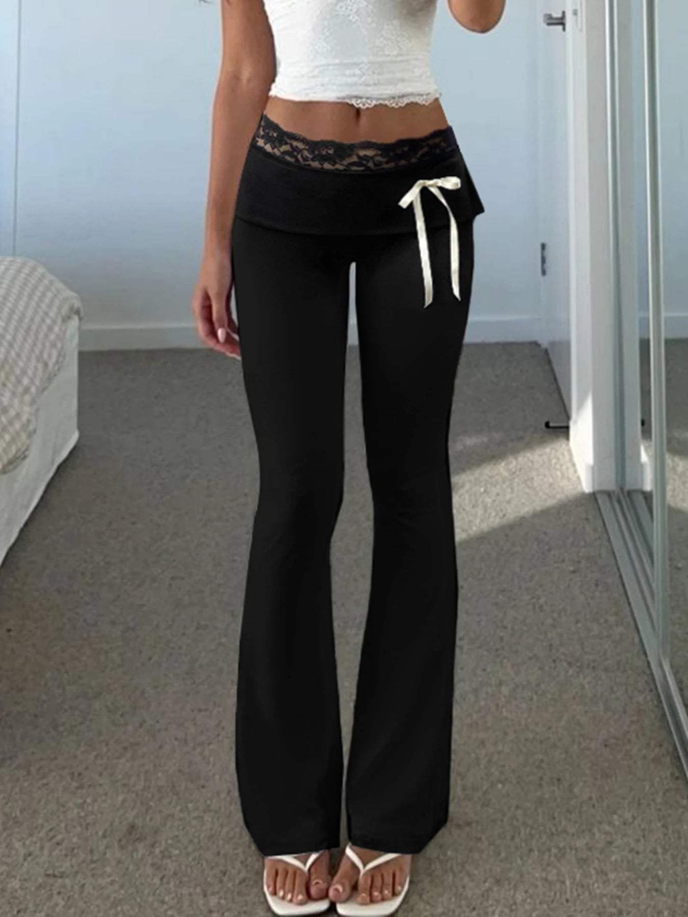Lace Patchwork Bow Straight Pants Trousers Joggers Bottoms