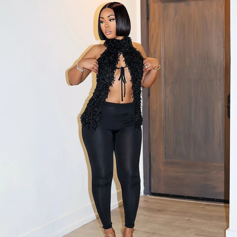 Spring 'S Color Hanging Neck Hair Tie Rope Split Navel Top High Waisted Tight Pants Set