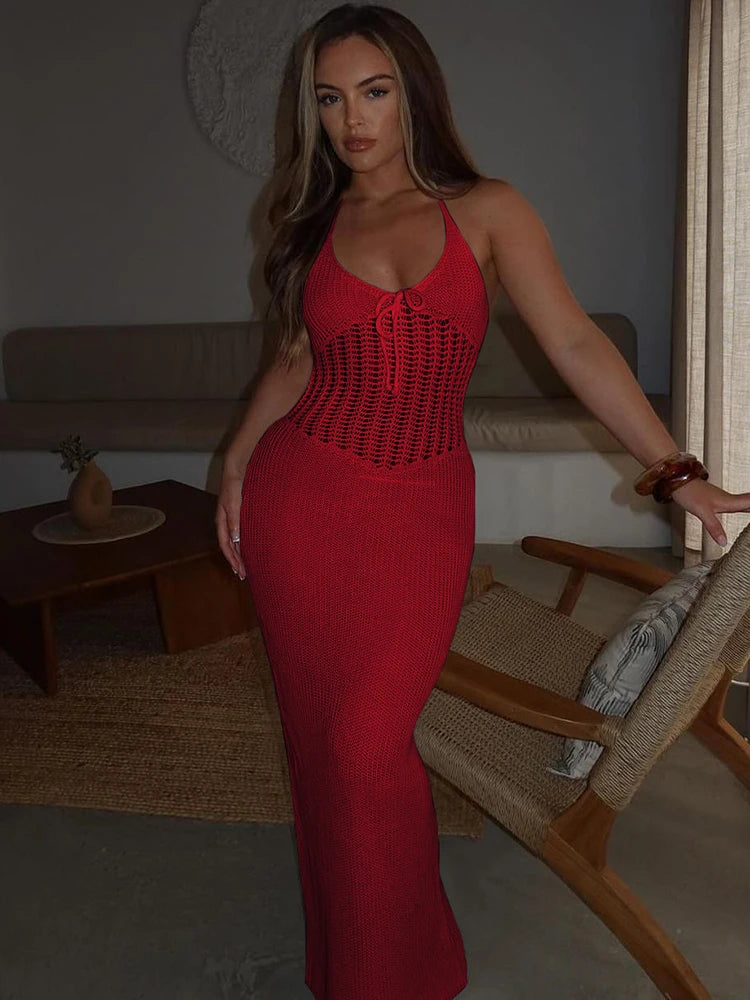 Knitted Crochet Maxi Dress See Through Halter Low Neck Backless Concise Street